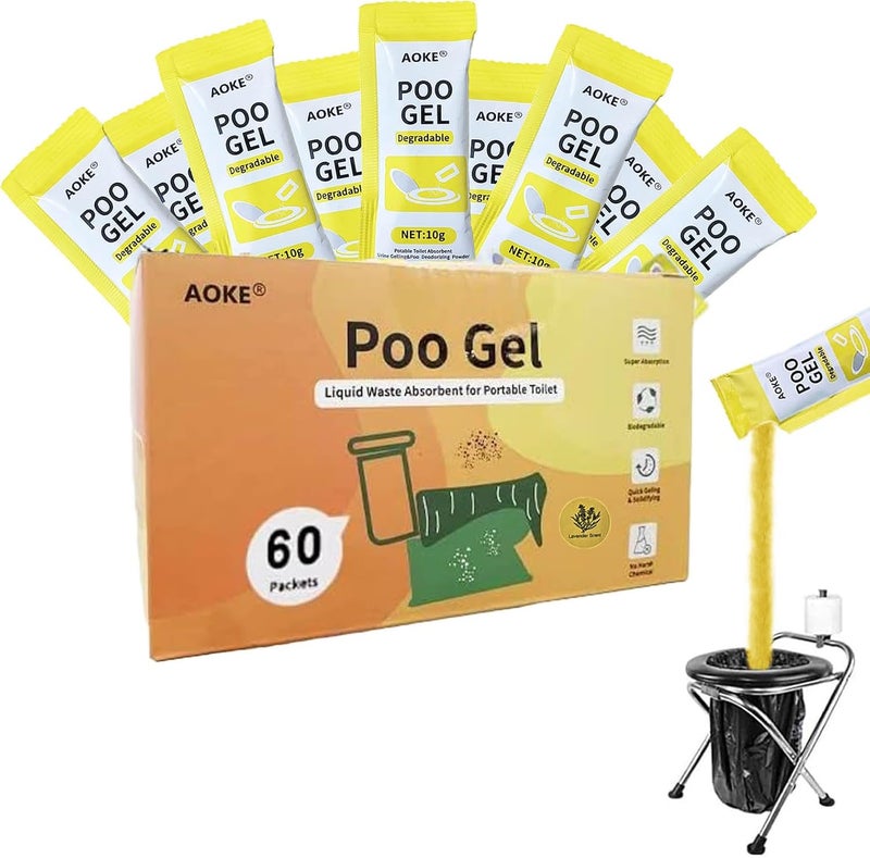 AOKE Portable Toilet Powder, 60 Pack Poo Gel Lavender scent for Camping Eco Absorbent Gel Liquid Waste Gelling and Deodorizing Powder, Emergency Toilet Waste Treatment for Outdoor Camping Hiking - Image 1